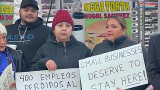 Discount Mall vendors rally as they seek answers about their future from the mall's owners on Jan. 31, 2023. (Joanna Hernandez / WTTW News)