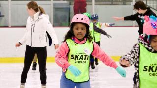 Kids learn ice skating techniques at a “Figure Skating on Your Block” class. (Courtesy of Chicago Youth Foundation)