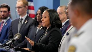 Fulton County District Attorney Fani Willis, center, speaks in the Fulton County Government Center during a news conference, Monday, Aug. 14, 2023, in Atlanta. (AP Photo / John Bazemore)