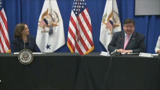 Vice President Kamala Harris and Gov. J.B. Pritzker attend a roundtable event on Sept. 16, 2022. (WTTW News)
