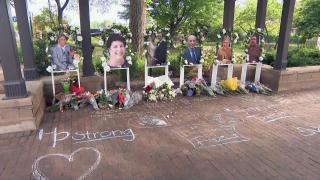 A memorial for the deceased victims of the Highland Park shooting. (WTTW News)