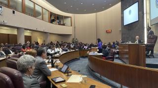 Mayor Brandon Johnson presides over his first City Council meeting on Wednesday, May 24, 2023. (Heather Cherone/WTTW News)