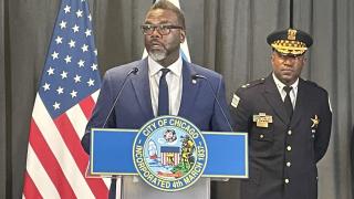 Mayor Brandon Johnson addresses reporters on Monday, Aug. 14, 2023, before introducing Chief Larry Snelling as his pick to lead the Chicago Police Department. (Heather Cherone / WTTW News)