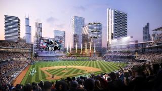 A rendering of a new White Sox stadium and surrounding development, including housing, at The 78 site. (Credit: Related Midwest)
