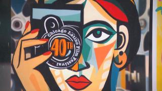 The 40th annual Chicago Latino Film Festival kicks off April 11, 2024. Here, a sign for the festival hangs at the Davis Theater in Lincoln Square. (WTTW News)