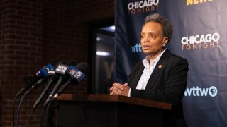 Mayor Lori Lightfoot fields questions from the news media on Feb. 7, 2023, after the WTTW News mayoral forum. (Michael Izquierdo / WTTW News)