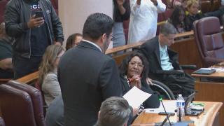 Ald. Emma Mitts looks on as Ald. Carlos Ramirez-Rosa apologizes during the Chicago City Council meeting on Nov. 7, 2023, in which he narrowly avoided censure. (WTTW News)