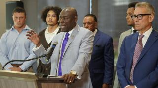 Standing with former Northwestern athletes, attorney Ben Crump speaks during a press conference addressing widespread hazing accusations at Northwestern University Wednesday, July 19, 2023, in Chicago. (AP Photo/Erin Hooley, File)