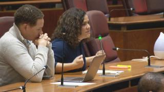 Ald. Matt Martin (47th Ward) and Ald. Rossana Rodriguez Sanchez (33rd Ward) questions Chicago Police Department officials during a Public Safety Committee hearing on Feb. 23, 2023. (WTTW News) 