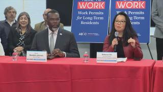 Mayor Brandon Johnson and Rebecca Shi, executive director of the American Business Immigration Coalition, at a “Here to Work” roundtable event on April 4, 2024, at the Chicago Urban League, 4510 S. Michigan Ave. (WTTW News)