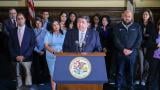 Gov. JB Pritzker, lawmakers and immigration advocates discuss the federal government’s aggressive immigration enforcement campaign in his Springfield office on Oct. 30, 2025. (Andrew Adams / Capitol News Illinois)  