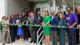 Elected leaders and Chicago Transit Authority officials gather on August 7, 2026, to celebrate the ribbon cutting for a $25 million project to make the CTA Austin Green Line station more accessible to riders. (Eunice Alpasan / WTTW News)
