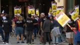 Hotel workers on strike in Chicago on Oct. 9, 2026. (WTTW News)