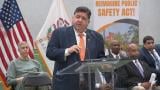 Gov. J.B. Pritzker speaks at an event at the Pullman Community Center on April 17, 2025. (WTTW News)