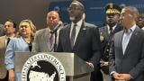 Mayor Brandon Johnson addresses the news media on Monday, April 28, 2025, at a meeting of the U.S. Conference of Mayors. (Heather Cherone / WTTW News)