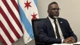 Mayor Brandon Johnson addresses the news media on Tuesday, May 20, 2025. (Heather Cherone/WTTW News)