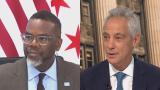 Left: Mayor Brandon Johnson speaks at a news conference on April 15, 2025. Right: Former Mayor Rahm Emanuel appears on “Chicago Tonight” on Nov. 24, 2023. (WTTW News)