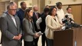 Ald. Nicole Lee (11th Ward) addresses the news media at City Hall, alongside a group of alderpeople who proposed an alternative budget proposal on Monday, Dec. 15, 2025. (Heather Cherone / WTTW News)
