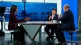 Brandis Friedman, left, moderates a WTTW News forum with candidates for Illinois governor JB Pritzker, center, and Darren Bailey on Oct. 13, 2026. (Ken Carl for WTTW)  