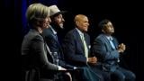 From left: Jessica Biggs, Hilario Dominguez, Victor Henderson and Sendhil Revuluri appear at a WTTW News forum for candidates for Chicago Board of Education president on Sept. 15, 2026. (Genie Lemieux / WTTW)