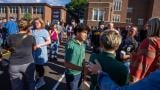 Students and parents await news during a mass shooting at the Annunciation Catholic School in Minneapolis on Wednesday, Aug. 27, 2025. (Richard Tsong-Taatarii / Star Tribune via AP)