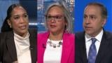 From left: Lt. Gov. Juliana Stratton, U.S. Rep. Robin Kelly and U.S. Rep. Raja Krishnamoorthi speak during a “Chicago Tonight” U.S. Senate candidate forum on March 9, 2026. (WTTW News) 