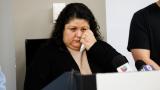 Yolanda Orozc wipes away a tear as she speaks about the arrest of her husband, Abel Orozco, during a press conference to announce a court action to prevent unlawful arrests the at the offices of the National Immigrant Justice Center Monday, March 17, 2025, in Chicago. (Anthony Vazquez / Chicago Sun-Times via AP)