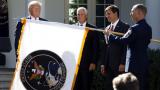 President Donald Trump watches with Vice President Mike Pence and Defense Secretary Mark Esper as the flag for U.S. Space Command is unfurled in the Rose Garden of the White House in Washington, D.C., on Thursday, Aug. 29, 2019. (AP Photo / Carolyn Kaster) President Donald Trump watches with Vice President Mike Pence and Defense Secretary Mark Esper as the flag for U.S. Space Command is unfurled in the Rose Garden of the White House in Washington, D.C., on Thursday, Aug. 29, 2019. (AP Photo / Carolyn Kaster)