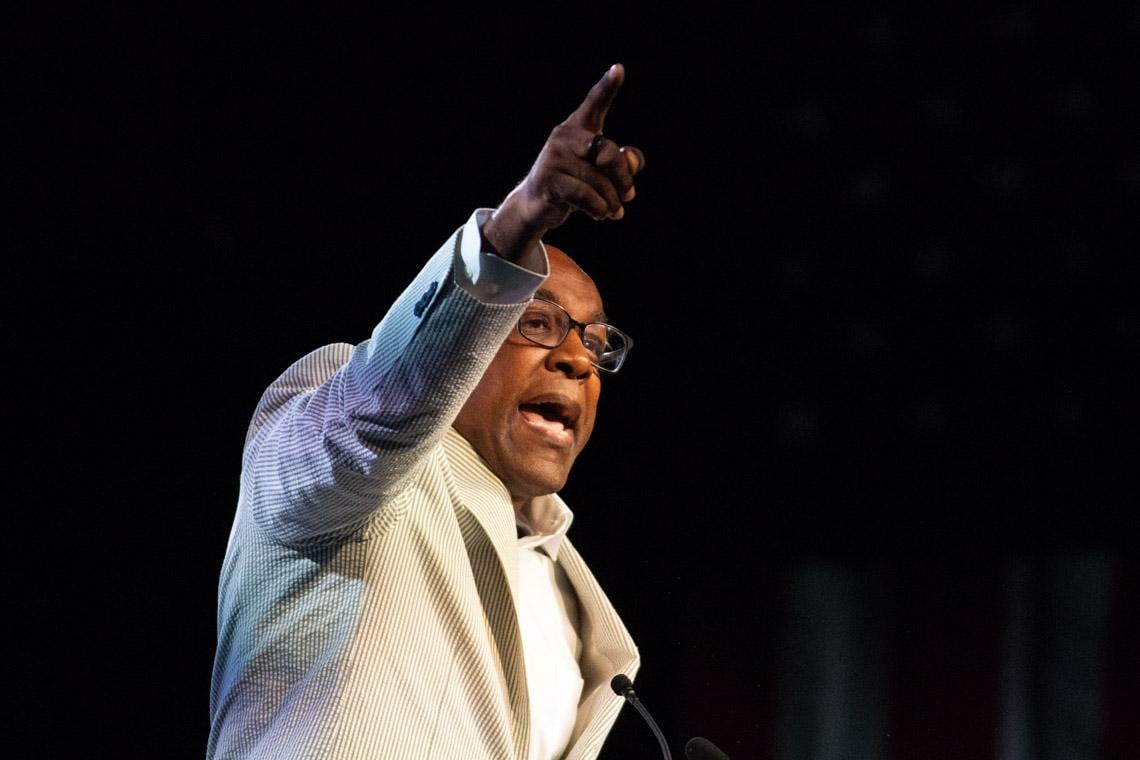 Attorney General Kwame Raoul works the crowd in his speech to Illinois’ largest annual gathering of Democrats in Springfield on Aug. 19, 2026. (Jerry Nowicki / Capitol News Illinois)