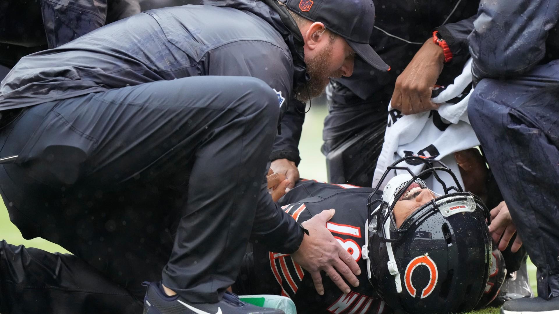 Chicago Bears quarterback Caleb Williams (18) lies on the field during the second half of an NFL football game against the Minnesota Vikings in Chicago, Sunday, Sept. 20, 2026. (AP Photo / Nam Y. Huh)