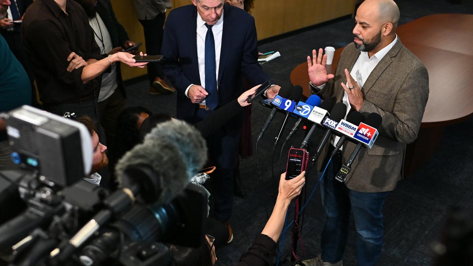 Ald. Andre Vasquez (40th Ward) takes questions from the media on Mayor Brandon Johnson’s budget proposal. (Victor Hilitski / WTTW News)