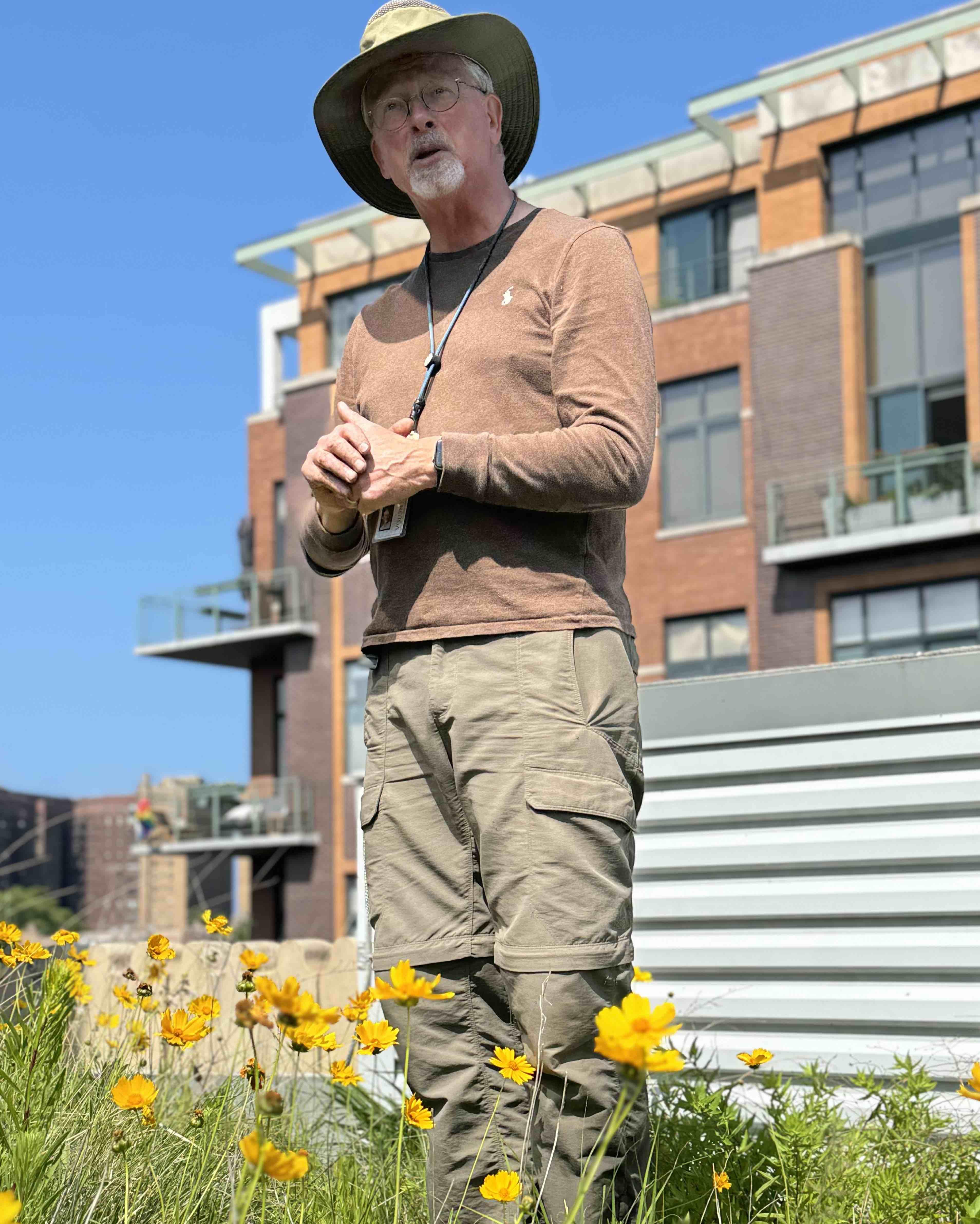 Robert Sullivan leads a tour of the rooftop garden, June 12, 2025. Fun fact: Sullivan said some natives have adapted to the roof's shallow soil by growing their long roots sideways. (Patty Wetli / WTTW News) 