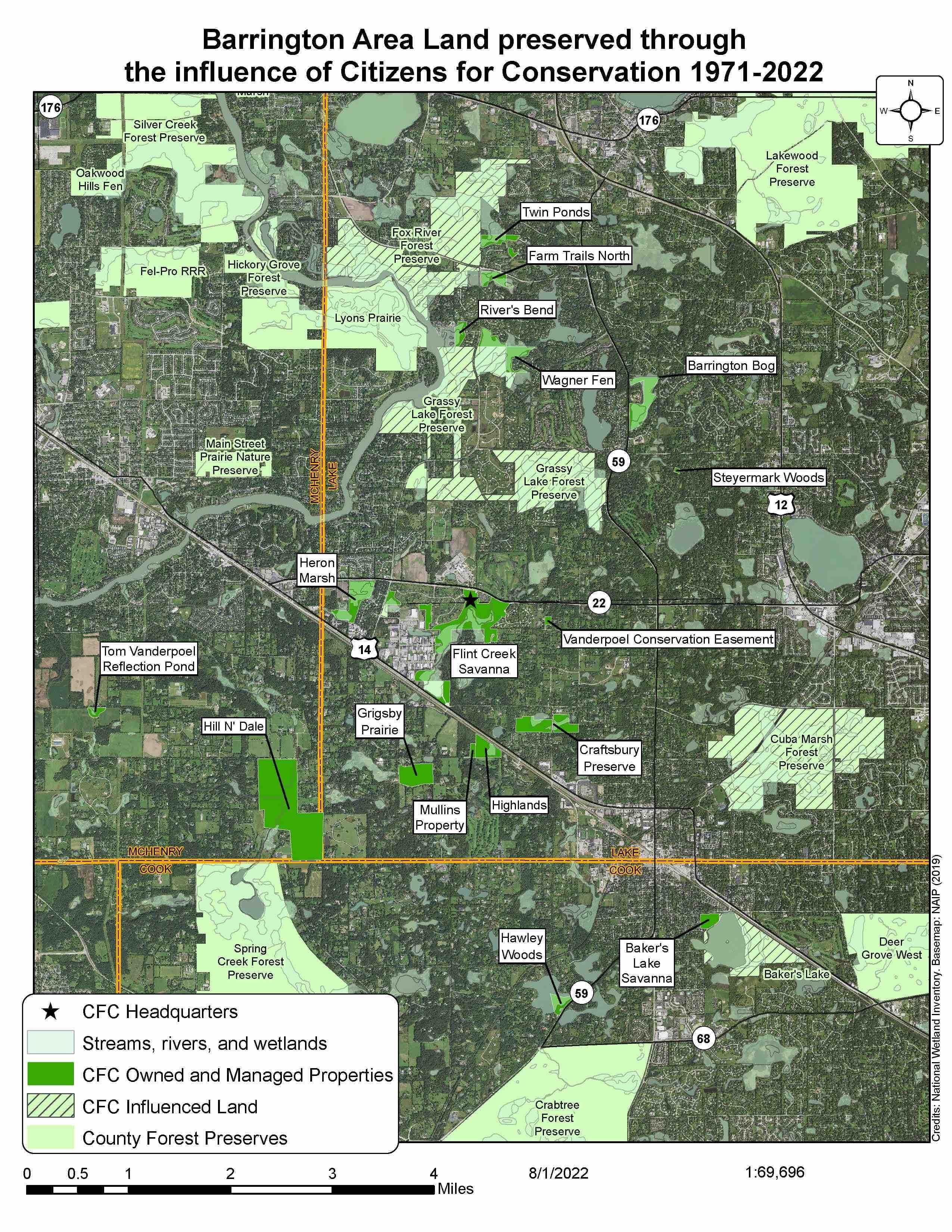 Citizens for Conservation's preserves, in dark green, can be viewed as stepping stones connecting public lands owned by surrounding forest preserve districts. (Citizens for Conservation)