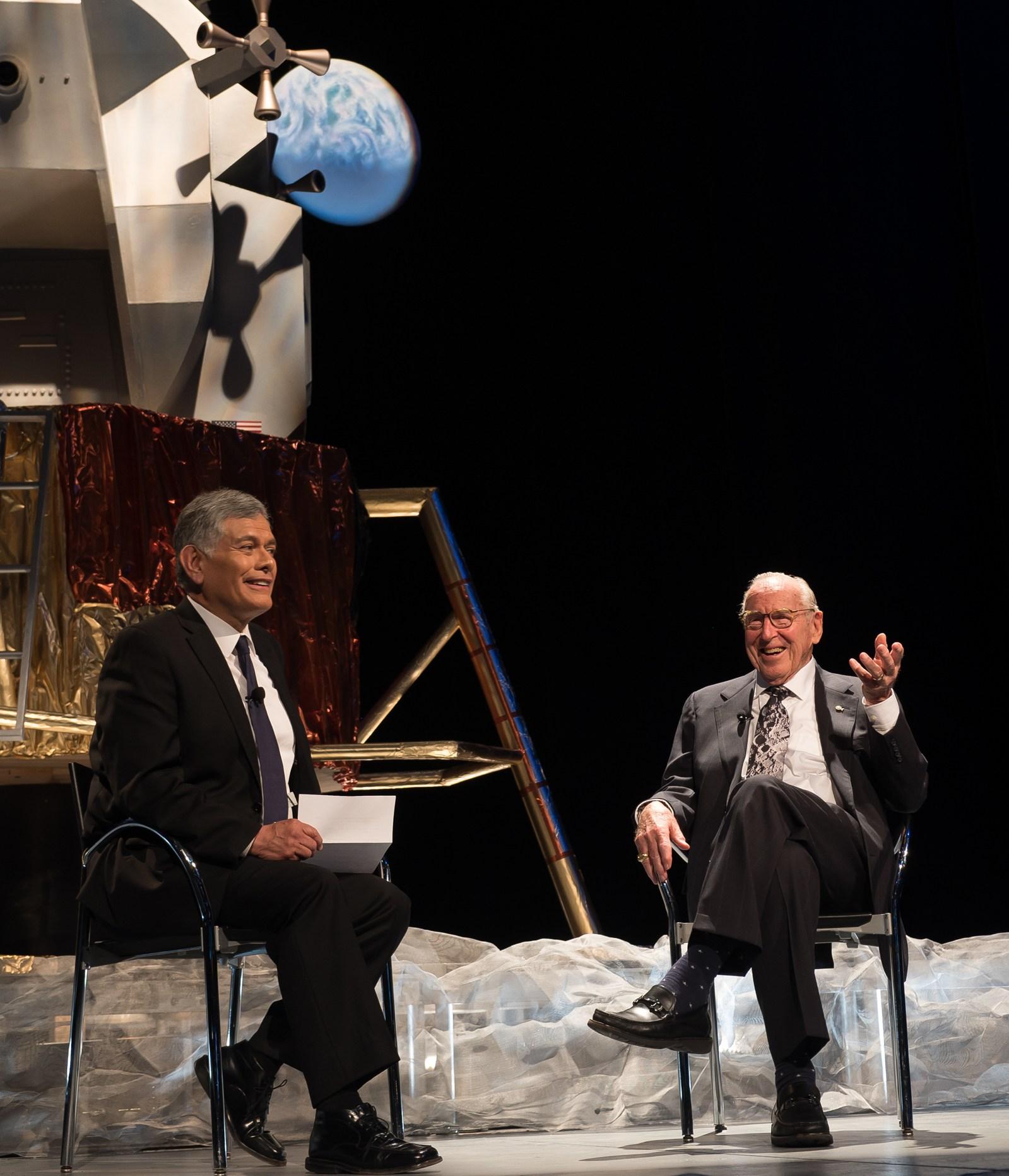 James Lovell, right, is pictured with Phil Ponce at WTTW's Over the Moon benefit in 2019. (Bonnie Robinson / WTTW)