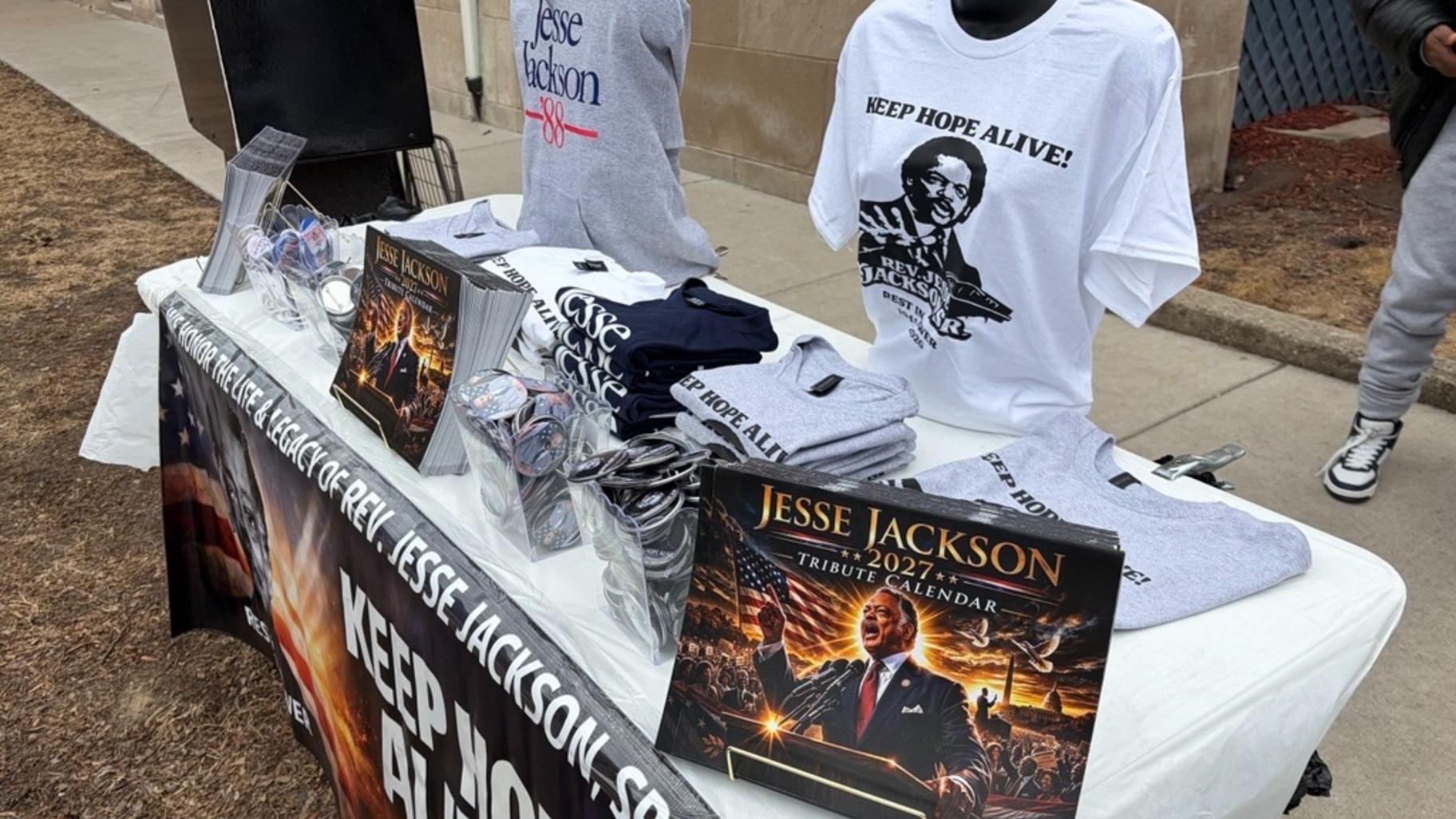 Two tables were set up with Rev. Jesse Jackson memorabilia near the Rainbow/PUSH Coalition in Chicago, Thursday, Feb. 26, 2026. (Eunice Alpasan / WTTW News)