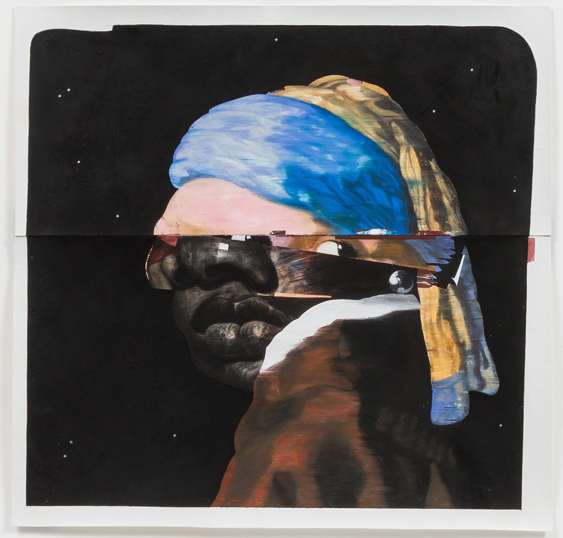Nathaniel Mary Quinn, Erica with the Pearl Earring, 2015. Black charcoal, gouache, soft pastel, oil pastel, oil paint, paint stick, and silver oil pastel on Coventry Vellum Paper. 25 1/2 x 25 1/2 inches (64.8 x 64.6 cm) © Nathaniel Mary Quinn. Courtesy the artist and Gagosian.