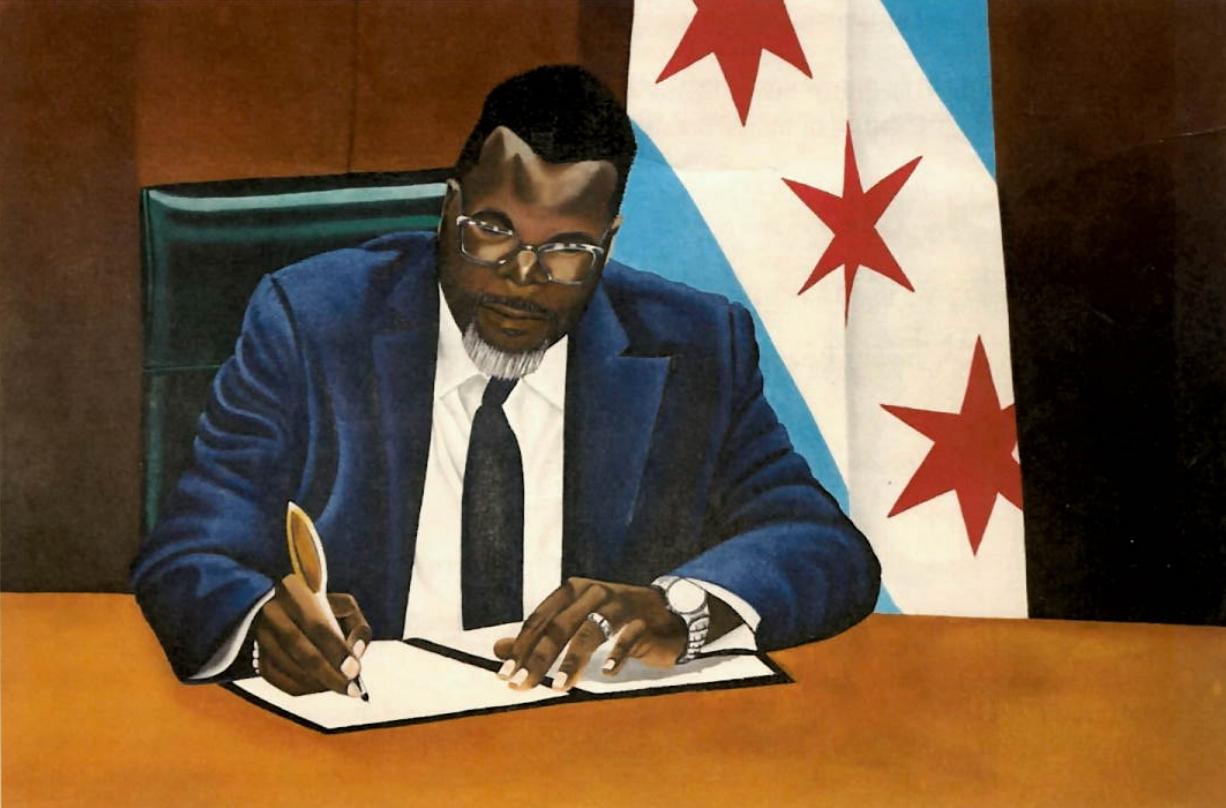 A painting of Mayor Brandon Johnson by Anthony Ehlers. 