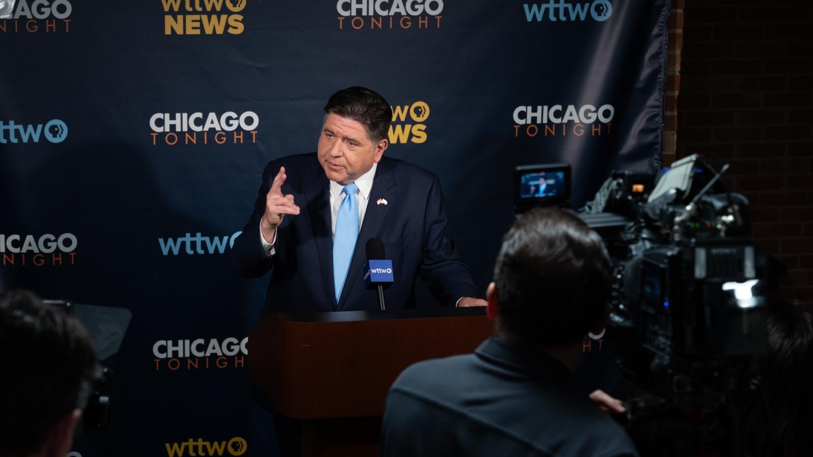 Governor JB Pritzker, Democratic candidate for governor of Illinois, speaks to reporters after a WTTW News forum. (Ken Carl for WTTW)