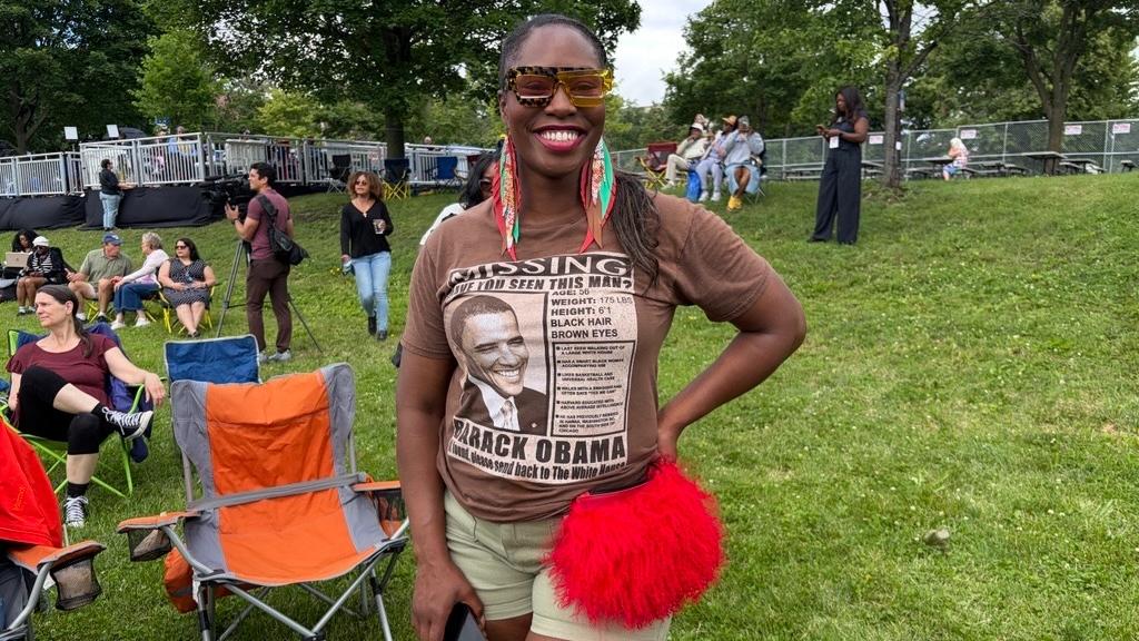 Obama Presidential Center grand opening ceremony watch party attendee Sakeena Tirado, a resident of the south suburban Homewood-Flossmoor area, arrived at the watch party at Midway Plaisance Park when gates opened at 9 a.m. (Eunice Alpasan / WTTW News)