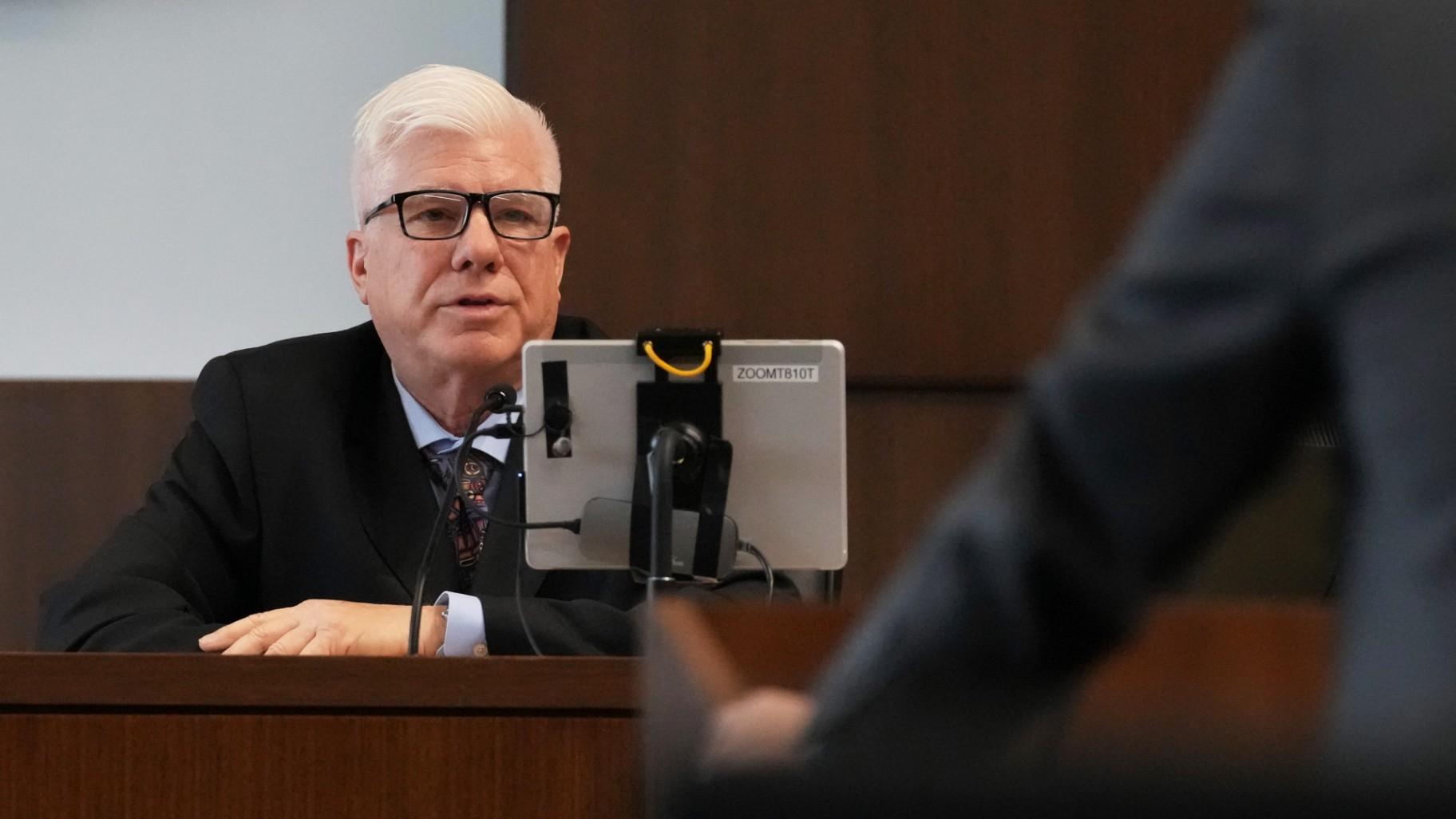 Retired Commander Gerald Cameron from Highland Park Police Department, answers questions from with Lake County, Ill., State's Attorney Eric Rinehart during the sentencing hearing for Robert E. Crimo III., at the Lake County Courthouse, in Waukegan, Ill., Wednesday, April 23, 2025. (AP Photo / Nam Y. Huh, Pool)