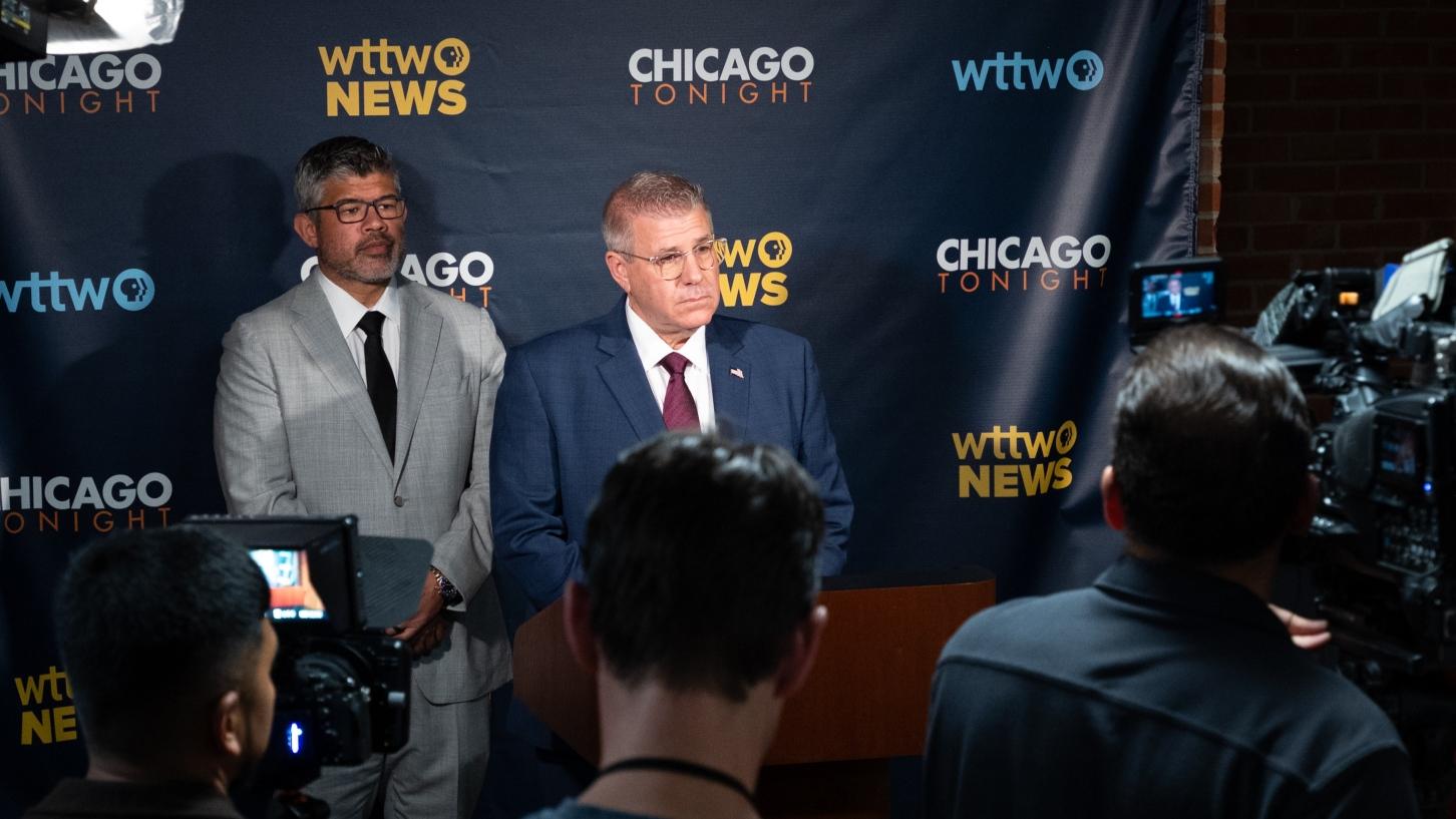 Darren Bailey, the Republican candidate for governor of Illinois, speaks to reporters after a WTTW News forum on October 13, 2026. (Ken Carl for WTTW)