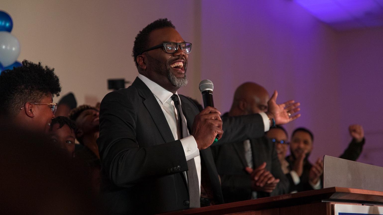 Brandon Johnson addresses supporters after making it to the runoff election on Feb. 28, 2023. (Michael Izquierdo / WTTW News)