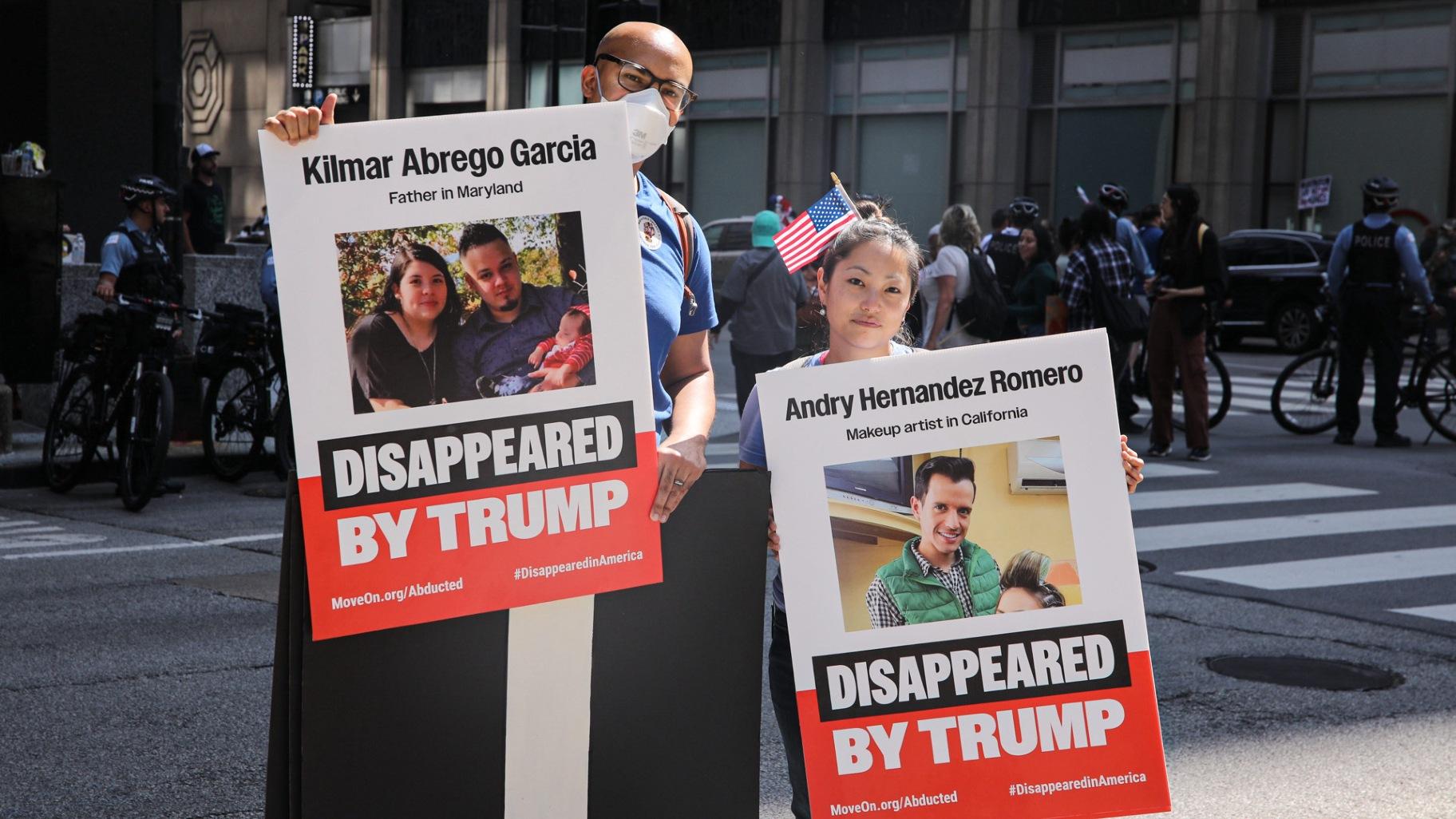Dathan Brown, 39, and Hannah Jurowicz, 39, both of Irving Park, at the “No Kings” protest and march on Saturday, June 14, 2025. (Michael Izquierdo / WTTW News)