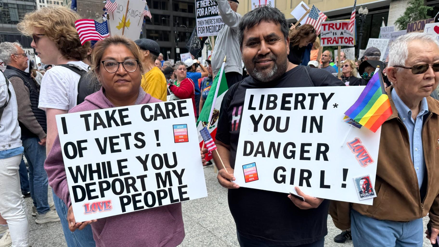 Laura Ortiz, 50, and Benito Almanza, 48, of Lakeview, at the “No Kings” rally in Daley Plaza on Saturday, June 14, 2025. (Nicole Cardos / WTTW News)