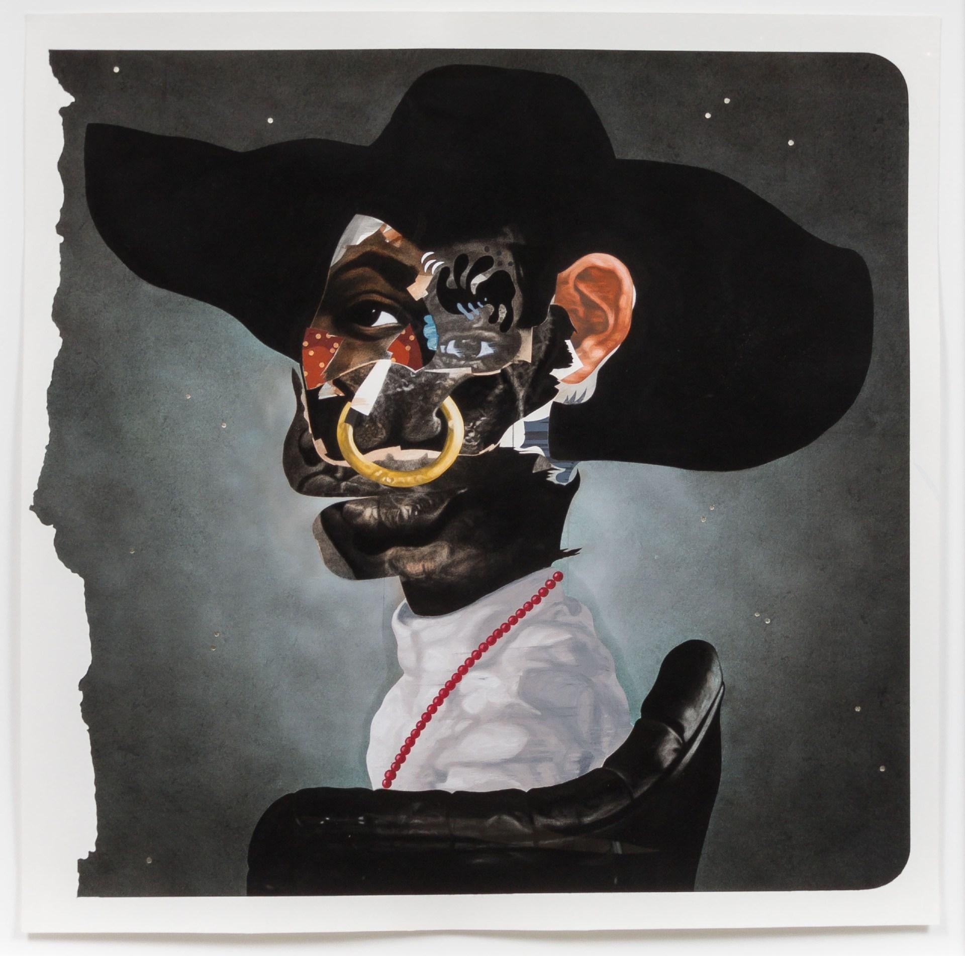 Nathaniel Mary Quinn, Junebug, 2015. Black charcoal, gouache, soft pastel, oil pastel, oil paint, paint stick, and acrylic silver leaf on Coventry Vellum paper. 41 x 44 inches (104.1 x 111.8 cm)  © Nathaniel Mary Quinn. Photo: RCH. Courtesy of the artist and Gagosian.