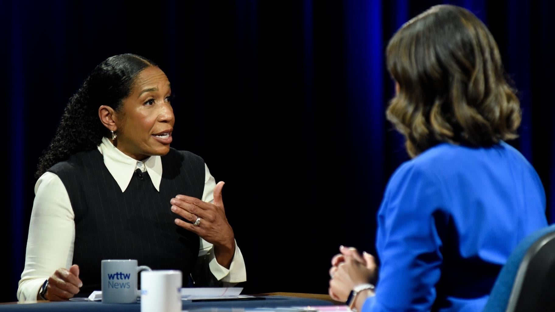 U.S. Senate candidate Juliana Stratton speaks in a WTTW News forum moderated by Brandis Friedman on Oct. 20, 2026. (Genie Lemieux / WTTW)