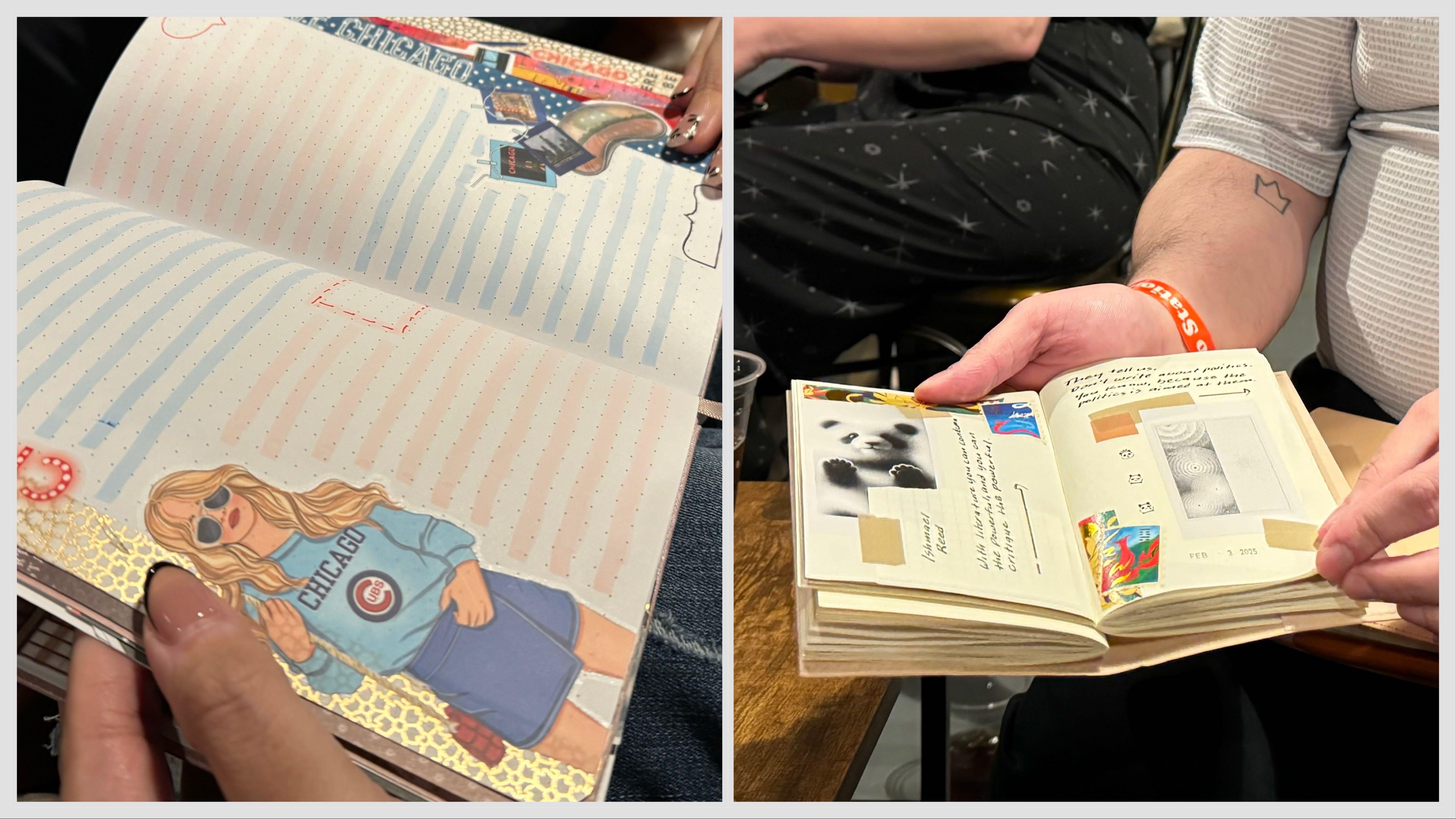 Art journaling and junk journaling have replaced scrapbooking as a form of memory-keeping. Stickers and ephemera, such as ticket stubs, are pasted into the books. (Patty Wetli / WTTW News)