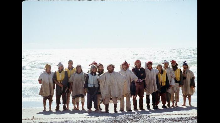 The group at Sand Banks Provincial Park, triumphant after surviving high waves on Lake Ontario on August 30, 1976. (Photographers of the La Salle: Expedition II)