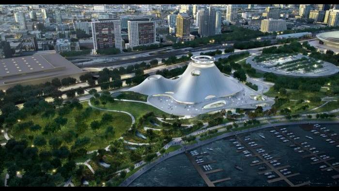 A bird’s eye view of the Lucas Museum and surrounding park setting. (Courtesy of Lucas Museum of Narrative Art)