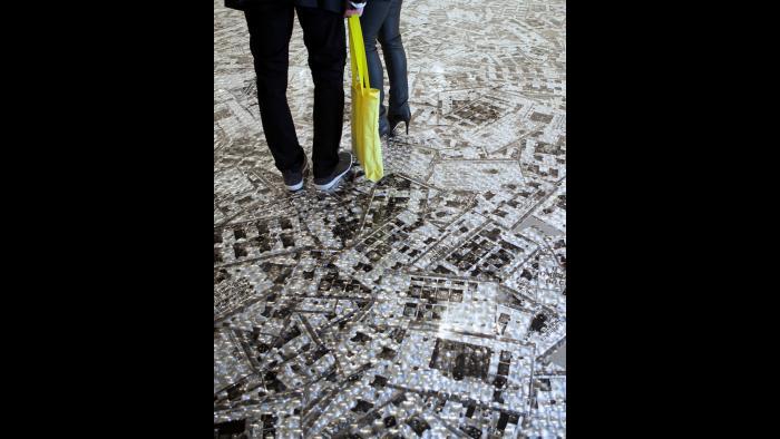 Visitors walk on Carter Mull, “Virus,” 2014, Marc Foxx. (Photo by Paul Audia)